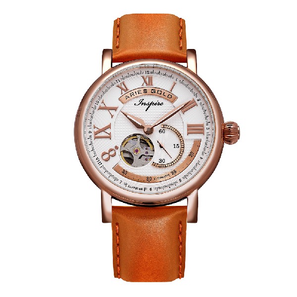 ARIES GOLD AUTOMATIC INSPIRE GAUNTLET VINTAGE ROSE GOLD STAINLESS STEEL G 903A RG-W ORANGE LEATHER STRAP MEN'S WATCH